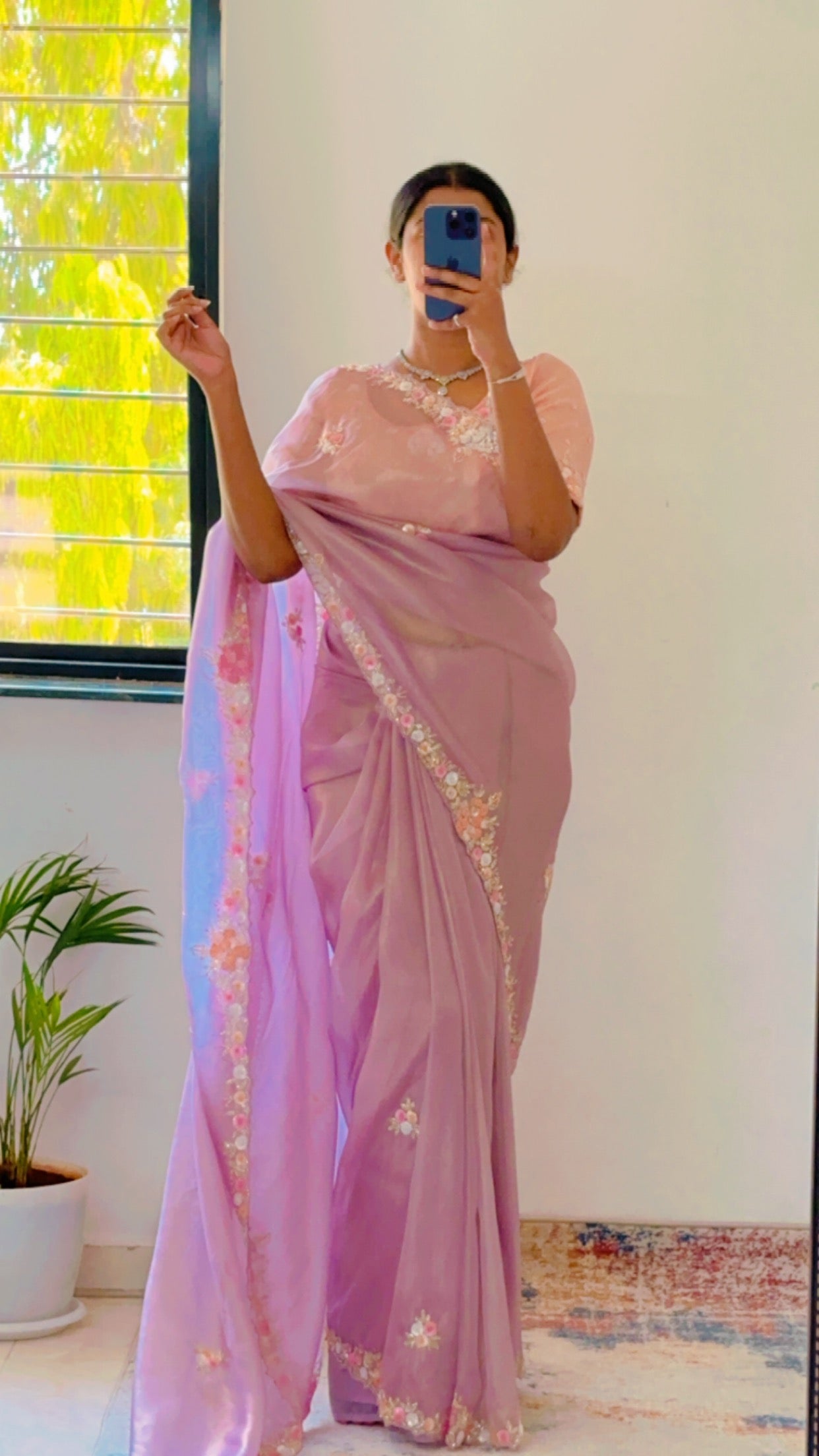 Lilac Pure Shimmer Tissue Handwork Saree