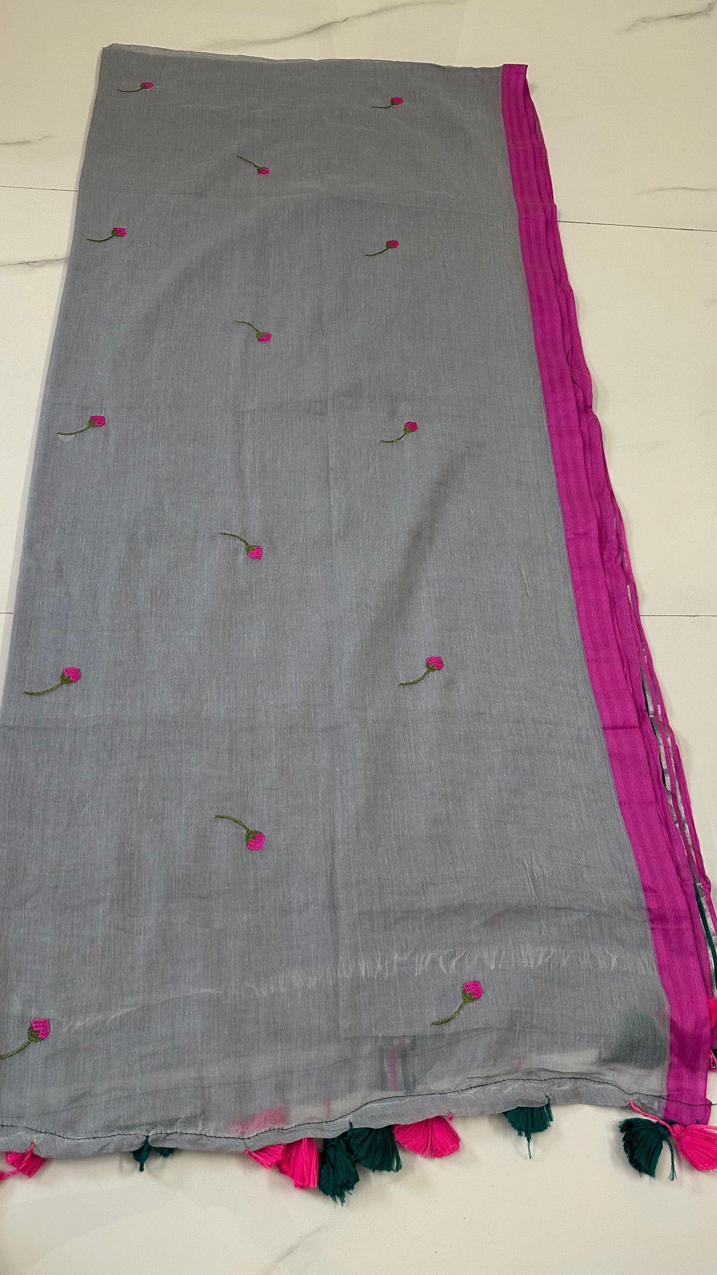 Grey Lotus Mul Cotton Saree