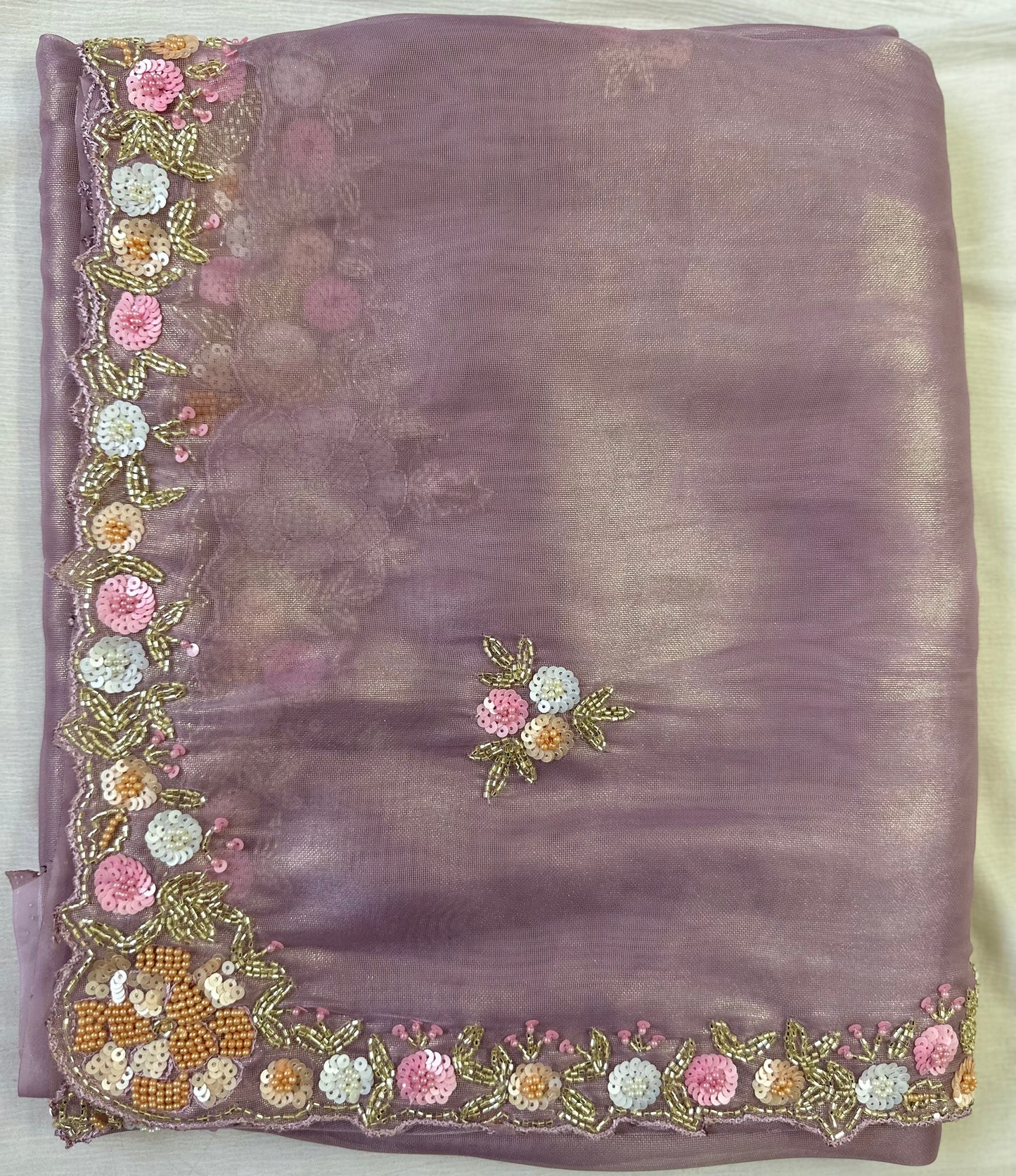 Lilac Pure Shimmer Tissue Handwork Saree
