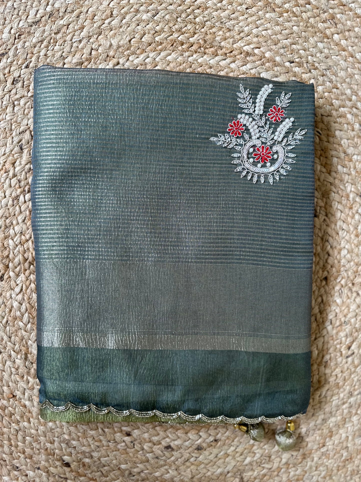 Green Designer Handwork Crush Tissue Saree