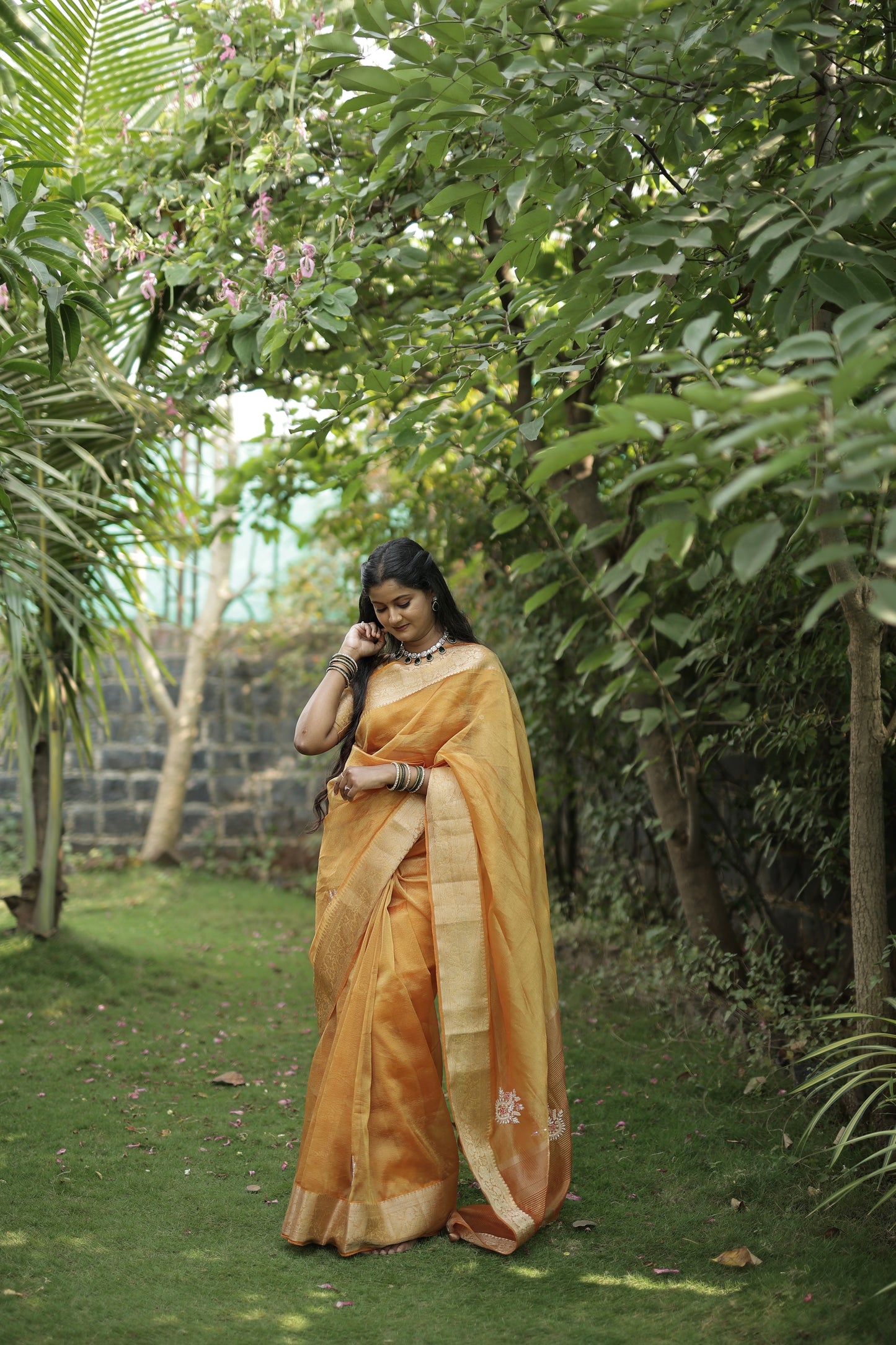 Orange Designer Handwork Crush Tissue Saree