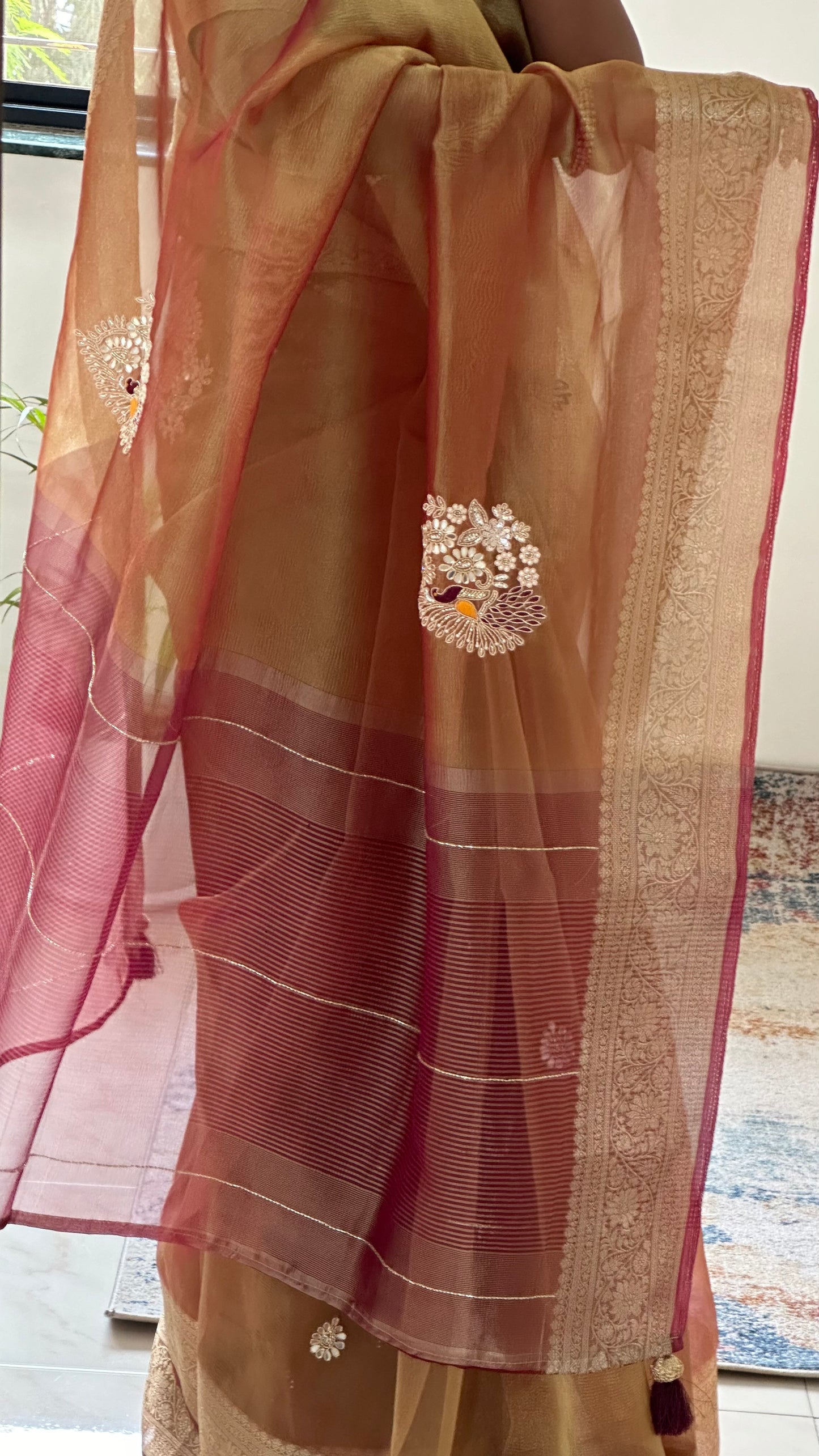 Golden Designer Handwork Crush Tissue Saree