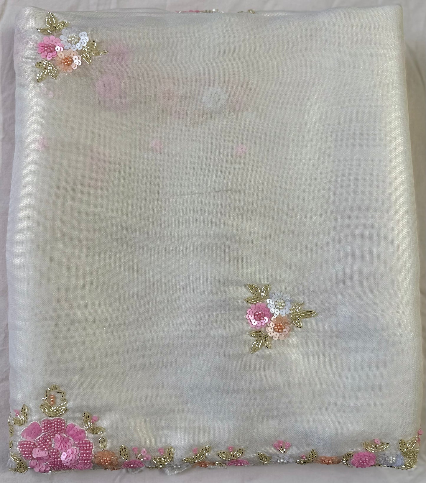 Ivory Pure Shimmer Tissue Handwork Saree