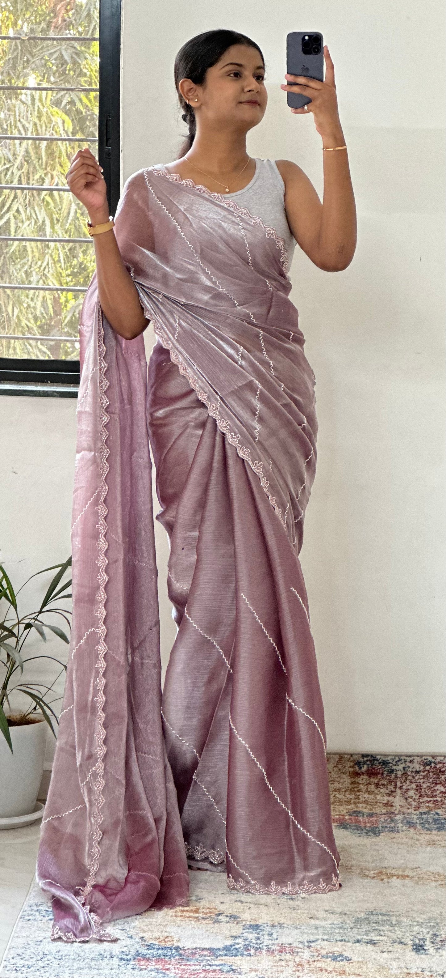 Onion Pink Embellished Tissue Saree