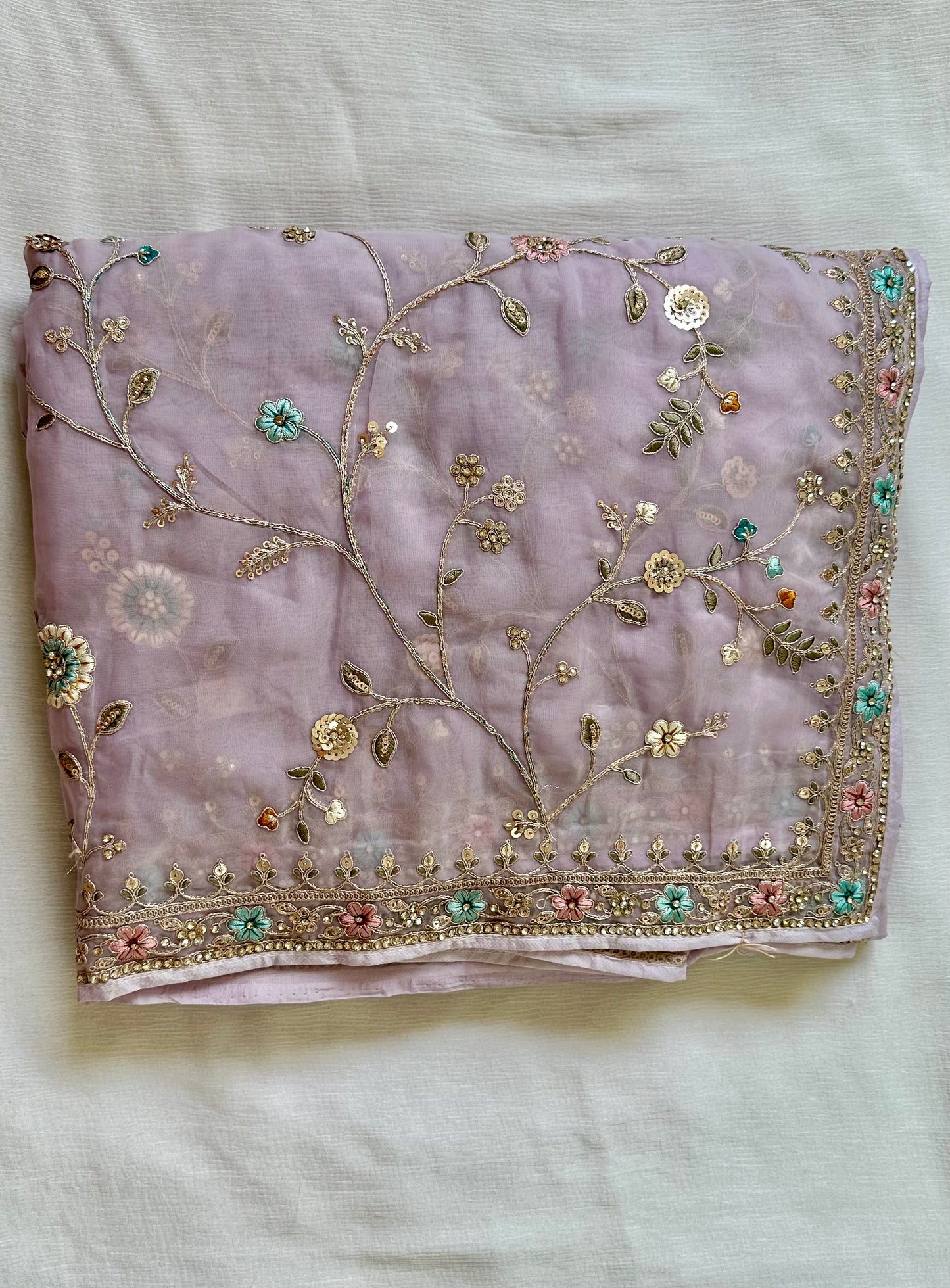 Lavender Pure Organza Handwork Saree